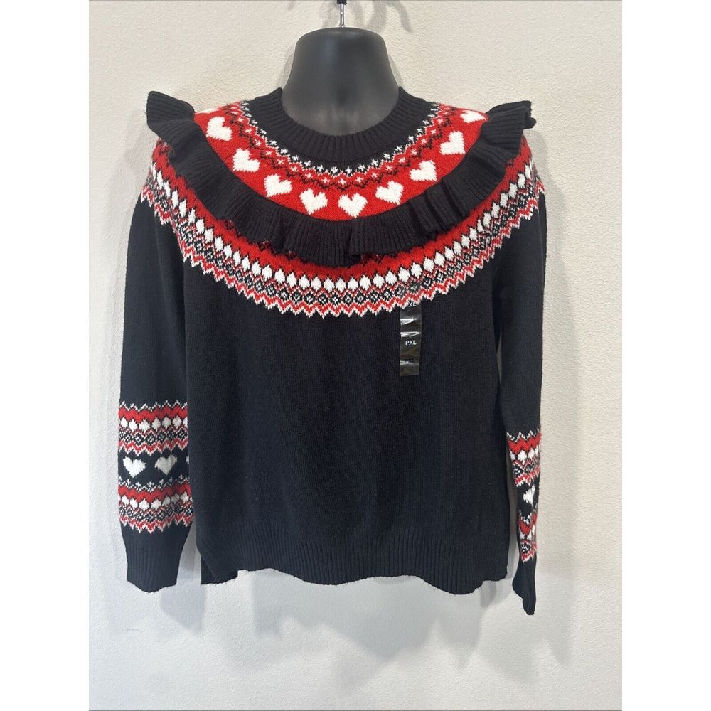 Charter Club Whimsy Sweater Womens PXL‎ Black Red White Heart Fair Isle Ruffle